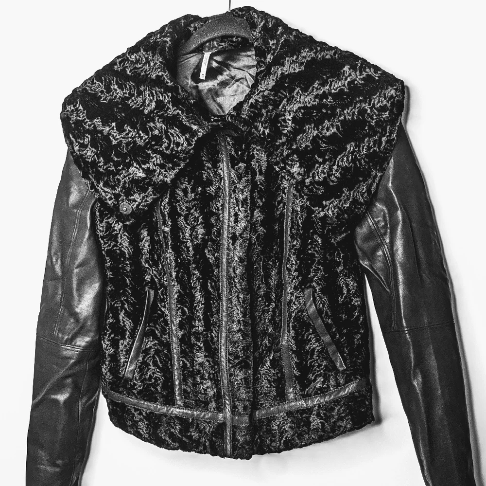 Free People Black Faux Fur & Leather Mixed Jacket